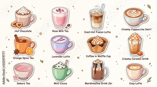 Photos A charming collection of twelve delicious and visually appealing hot and cold beverages, perfect for a cozy day
