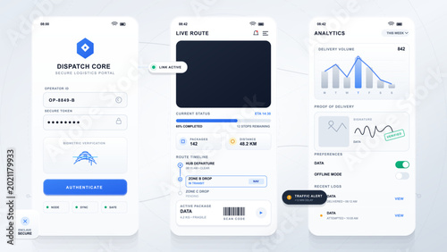 Foto Logistics dispatch app with route and analytics screens
