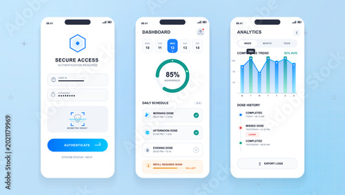 Photos Medication adherence app screens with dashboard analytics