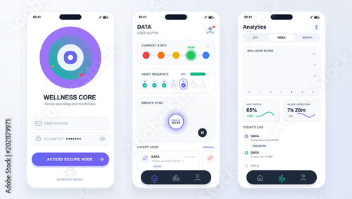 Konstfotografi Wellness app screens with secure access and analytics