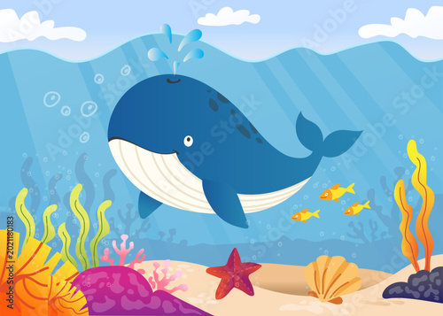 Happy Whale Underwater Cartoon Illustration with Ocean Animals