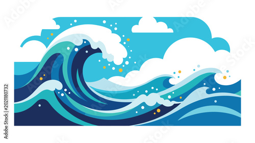 Vászonkép Blue ocean wave with white sea foam and fluffy clouds background.