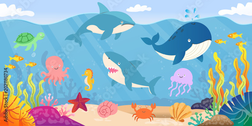 Underwater Sea Life Cartoon Illustration for Kids with Cute Marine Animals
