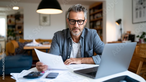 Middle-aged man reviews documents with focused expression. He wears glasses and a casual button-up shirt. Desk holds laptop, calculator, and scattered papers