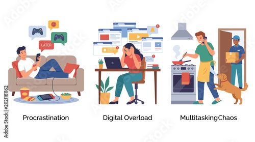 Foto This engaging illustration captures the essence of procrastination, digital overload, and multitasking chaos, presenting relatable scenarios for modern life challenges