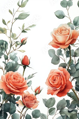 Garden-themed wedding invitation in vertical format, watercolor roses and eucalyptus border, and clear white copyspace in the center. Elegant and natural design. 
