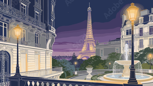 Quadro su tela A picturesque Parisian evening scene featuring the Eiffel Tower illuminated against a twilight sky, with ornate buildings and a charming fountain in the foreground