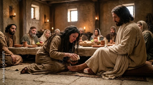 The woman weeps at Jesus' feet, dries them with her hair, kisses His feet, and anoints them with oil.
