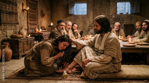 The woman weeps at Jesus' feet, dries them with her hair, kisses His feet, and anoints them with oil.