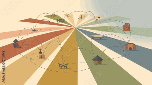 Abstract Network of the World: An abstract illustration representing interconnectedness. Networks of varying places and nodes radiate outward from a central point, symbolizing connection.