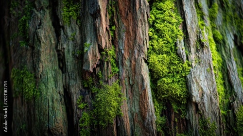 Tree trunk texture with green moss