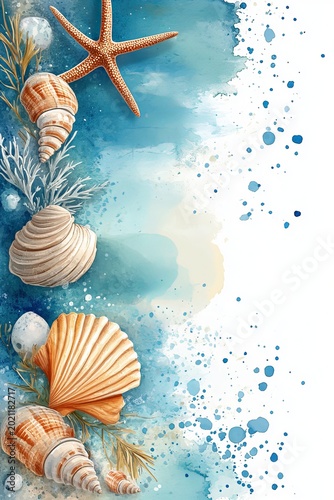 Beach wedding invitation card with soft ocean watercolor, seashell and starfish borders. Vertical layout with clear copyspace in center. Light coastal color theme. 