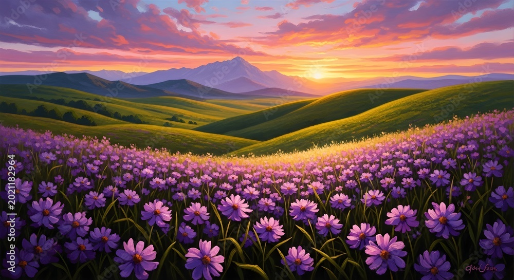 Obraz premium Breathtaking sunset over a vibrant purple flower field with rolling green hills and distant mountains in the background