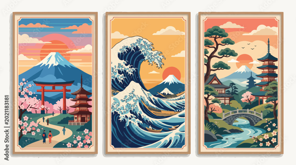 Obraz premium Three artistic japanese landscape prints displayed in frames on a wall.