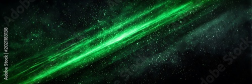 Vibrant green energy beam streaking across deep space with cosmic dust and distant stars creating a dynamic sense of motion and futuristic technology in a cinematic science fiction scene.