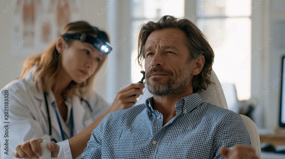 Fototapeta premium Audiologist technician performing microsuction ear wax removal on seated male patient using headlamp and speculum in clean outpatient clinic room, patient gripping armrests calmly while wall-mounted