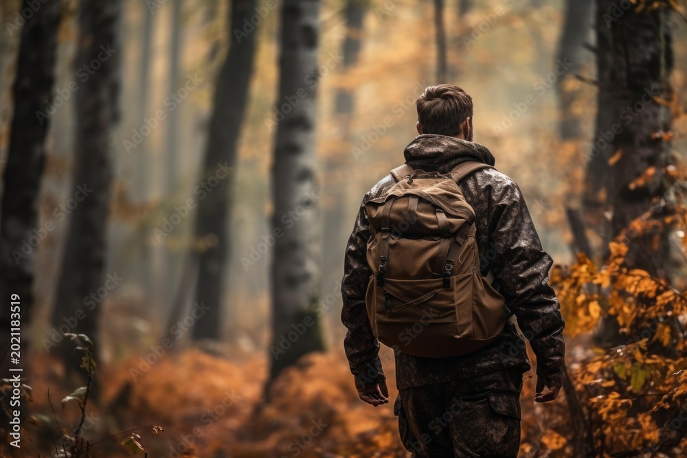 Obraz premium Man with backpack exploring a dense forest during fall
