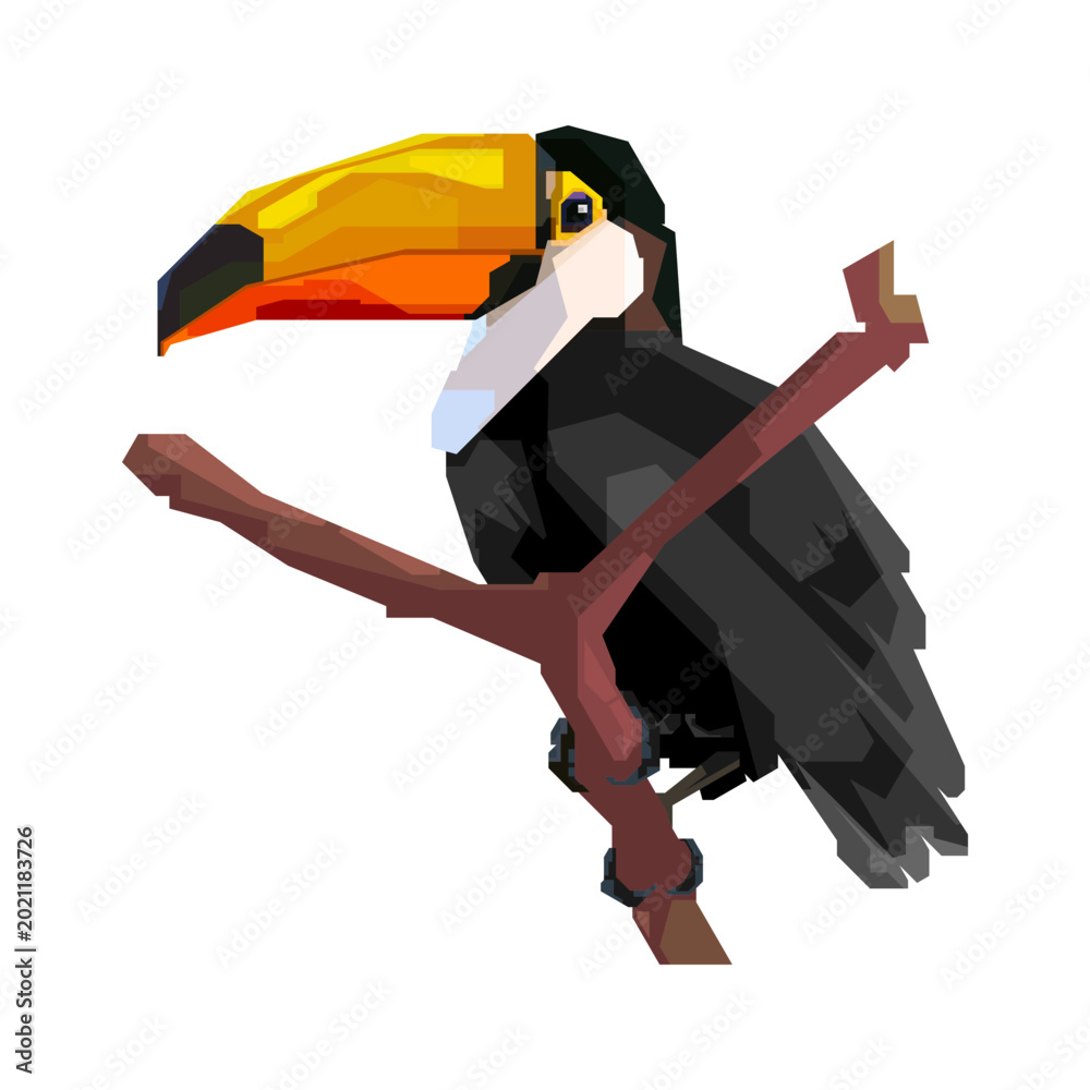 Fototapeta premium Geometric toucan bird illustration perched on a wooden branch.