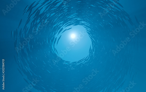 Sardine Bait Ball Sphere God Rays Underwater Ocean, 3D Render background