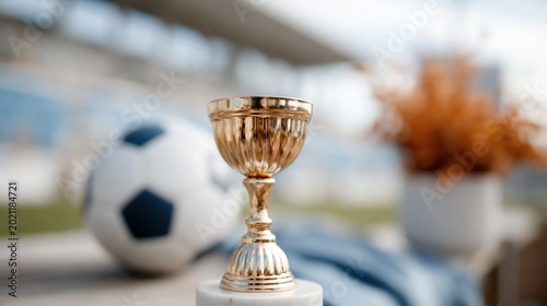 A gleaming golden trophy stands proudly in the foreground, symbolizing victory, with a soccer ball in the background, capturing the essence of competitive sports.
