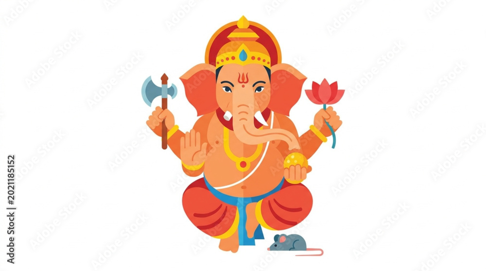 Naklejka premium Illustration of Lord Ganesha, the elephant-headed Hindu deity, holding an axe and lotus flower, seated with a mouse on a white background, conveying divine blessings