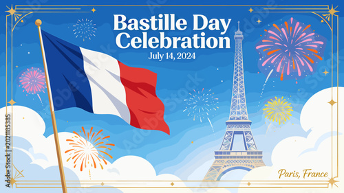 Obraz na płótnie A vibrant illustration of Bastille Day celebration in Paris, France, featuring the French flag, Eiffel Tower, and colorful fireworks under a blue sky