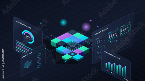 Quadro su tela Isometric bootcamp dashboard with sprint board panels