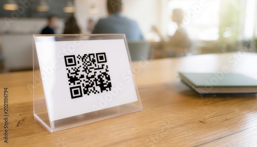 QR code paper on wooden table in a cozy cafe for ordering.