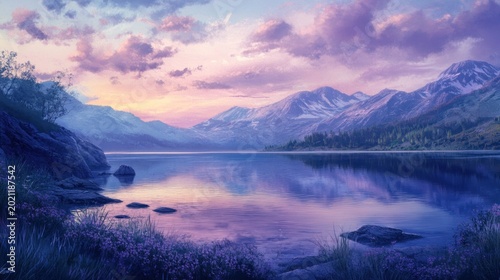 Serene sunset over a tranquil lake mirroring majestic snow-capped mountains.