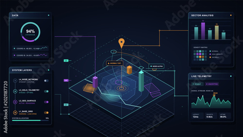 Photos Futuristic network analytics dashboard with anomaly map
