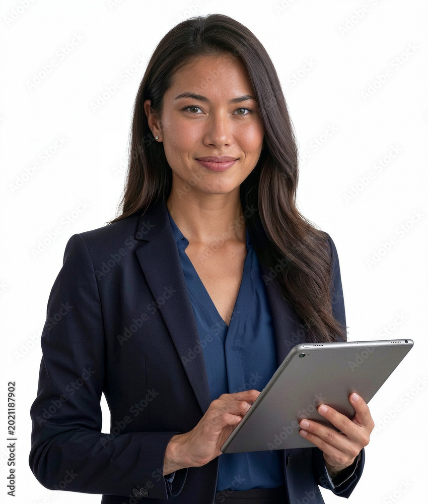 Fototapeta premium Professional businesswoman in navy suit using digital tablet modern technology and corporate concept