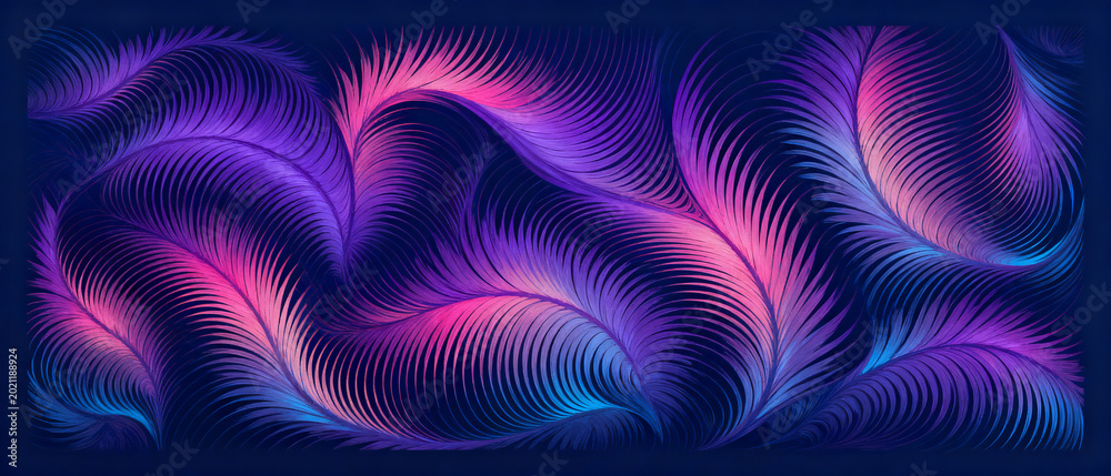 Obraz premium Abstract digital artwork with wave-like patterns of vibrant purple and pink feathers on a dark background