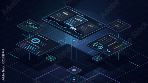 Fotografie Isometric business analytics dashboard with plan architecture