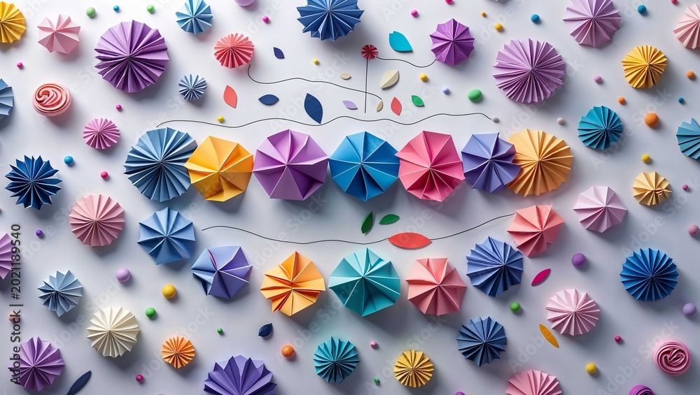 Fototapeta premium Colorful paper rosettes arranged in a creative pattern on a flat surface create a festive celebration backdrop in this bright and cheerful top view photograph