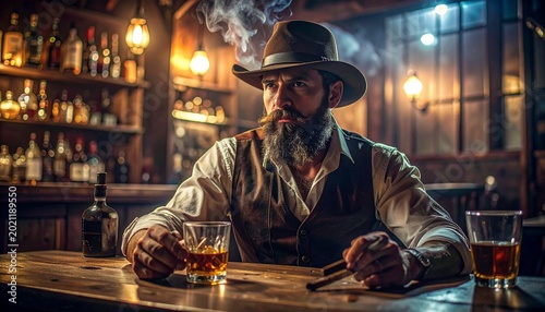 Vintage Cowboy Smoking Cigar in Classic Whiskey Bar