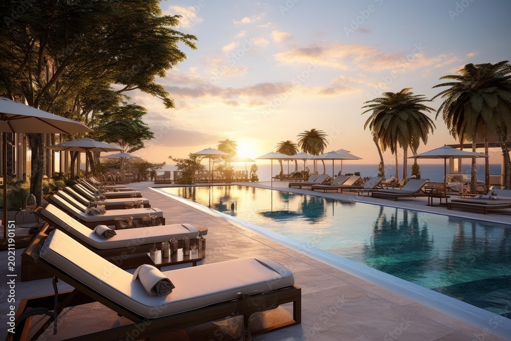 Fototapeta premium Tropical resort with an infinity pool and empty loungers at sunset