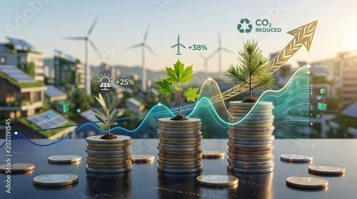 Growing plants sprout from coin stacks before a city skyline with wind turbines and solar panels