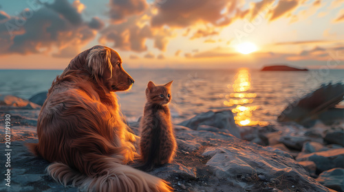 A dog and kitten looking at the sunset gaze serenely at the sunset horizon, serene evening pet lifestyle art.