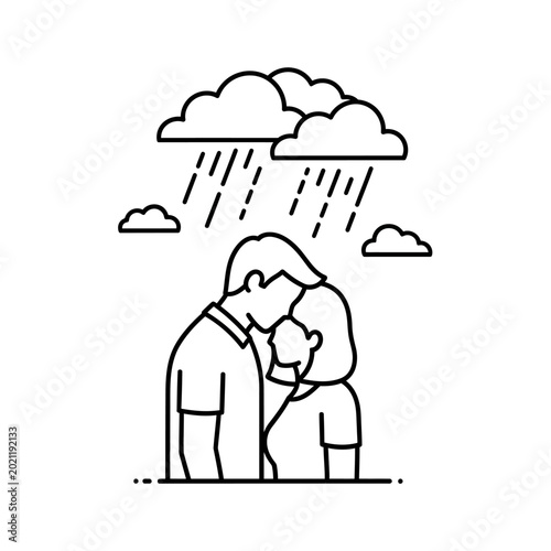 Couple under rain. Emotional support, empathy and sad feelings concept.