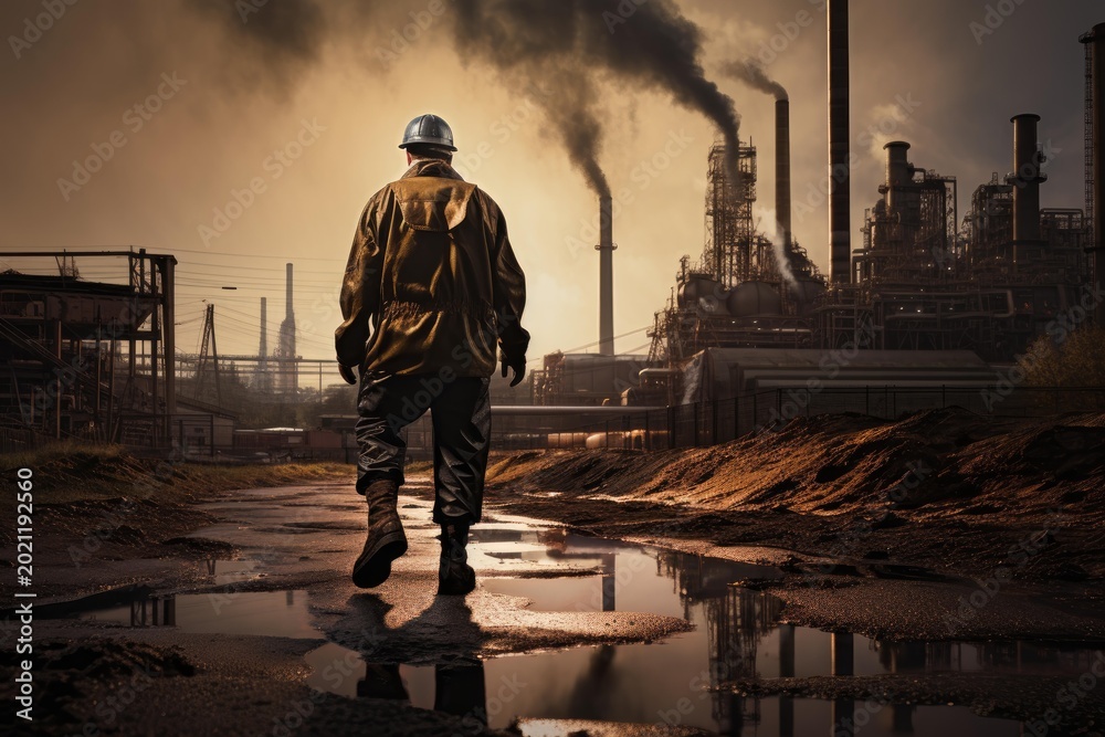 Fototapeta premium Industrial worker walking on a dirty path, reflecting climate impact from a busy factory