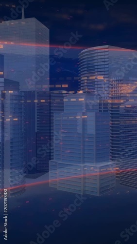 Vertical video: Skyline starting on red streak, drifting lights pulsing, amber glows showing data