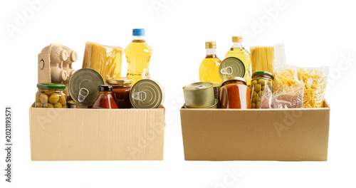 Obraz na plátně Foodstuffs in donation box isolated on white background.