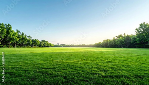 Vibrant green field under a clear blue sky with trees in the background
