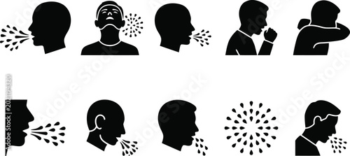 Bild auf Leinwand Hantavirus Sickness Symptoms and Coughing Sneezing Man Silhouette Vector Icon Se
