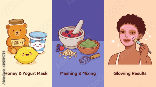 Bild auf Leinwand An engaging visual showing the ingredients and process for creating a honey and yogurt facial mask, highlighting natural skincare and healthy beauty routines