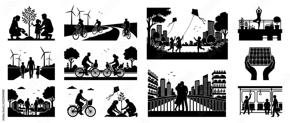 Fototapeta premium Collage of eco-friendly activities and sustainable living icons in silhouette