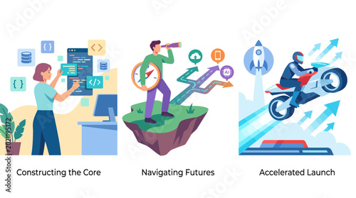 Fotografie This image showcases a visionary navigating through multifaceted paths of future opportunities, symbolizing strategic planning and foresight in decision-making