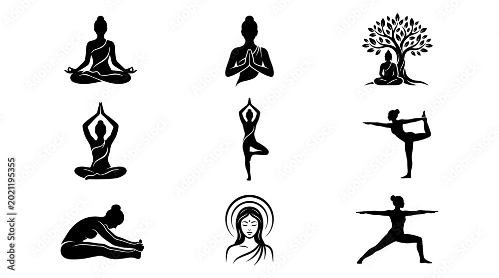 Obraz premium Diverse Collection of Yoga Silhouettes and Meditative Figures for Wellness and Spirituality