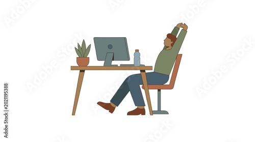 Illustration of a man stretching his arms behind his head while sitting at an office desk