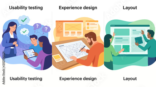 Quadro su tela Illustrations representing the user experience design process, focusing on usability testing and experience layout, highlighting the importance of user-centric design